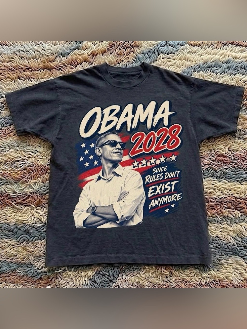 Vintage Black Short Sleeve Graphic Tee with Obama 2028 Print
